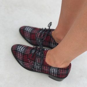 Red Wine Plaid Fabric Lace Up Boyfriend Oxfords